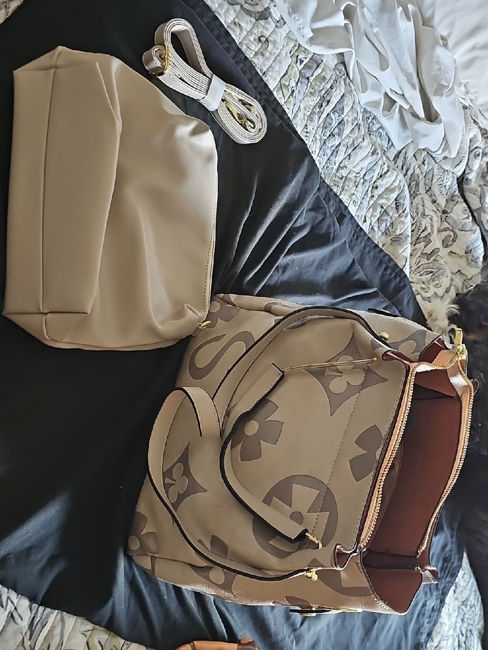 Designer-Style Taupe Monogram Shoulder Bag with Removable Pouch